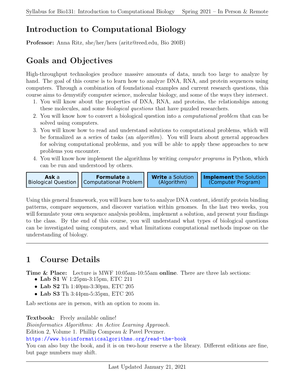 Introduction to Computational Biology Goals and Objectives 1 Course