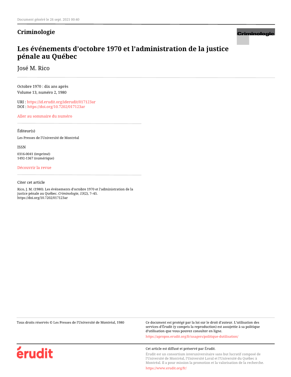 LES ÉVÉNEMENTS D'octobre 1970 ET L'administration DE LA JUSTICE PÉNALE AU QUÉBEC José M