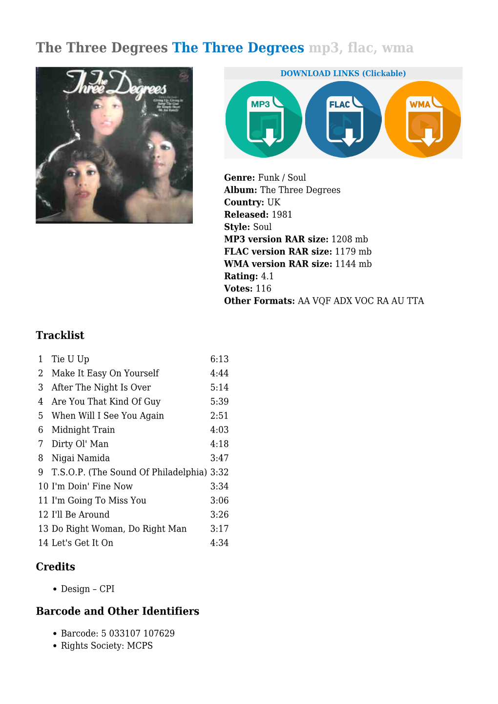 The Three Degrees the Three Degrees Mp3, Flac, Wma