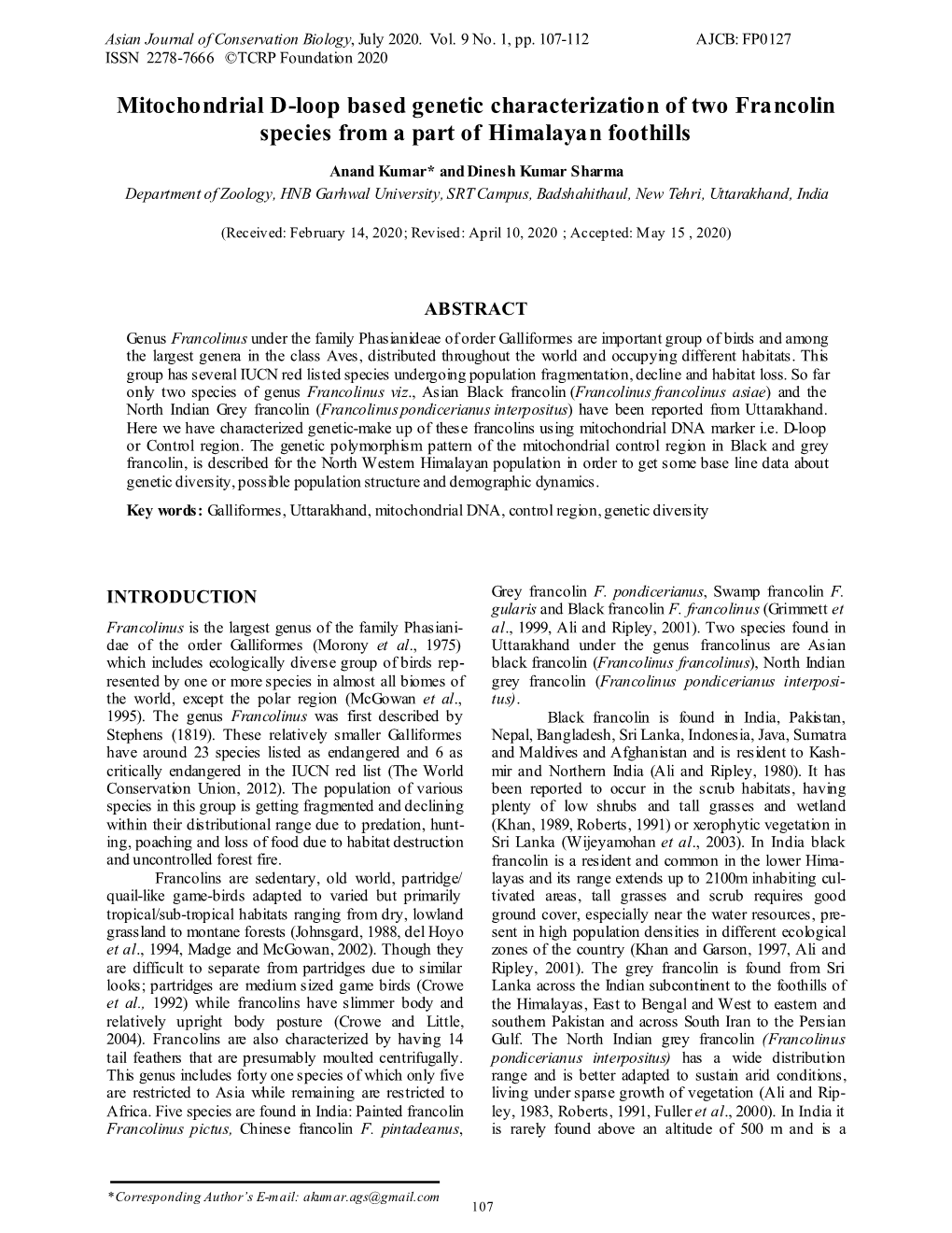 Mitochondrial D-Loop Based Genetic Characterization of Two Francolin Species from a Part of Himalayan Foothills