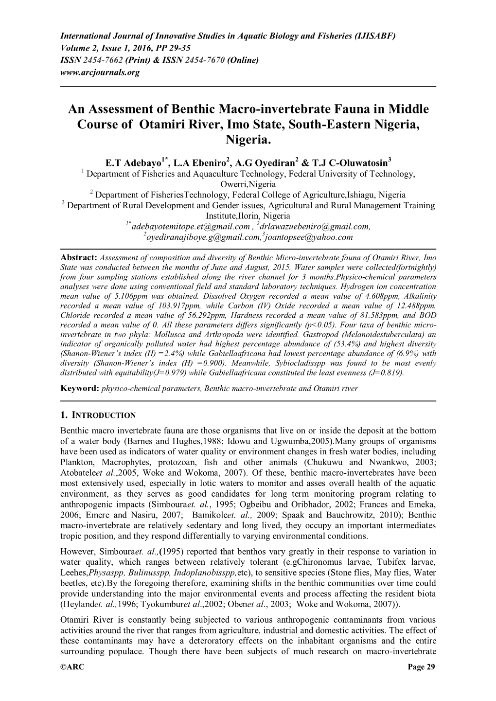 An Assessment of Benthic Macro-Invertebrate Fauna in Middle Course of Otamiri River, Imo State, South-Eastern Nigeria, Nigeria