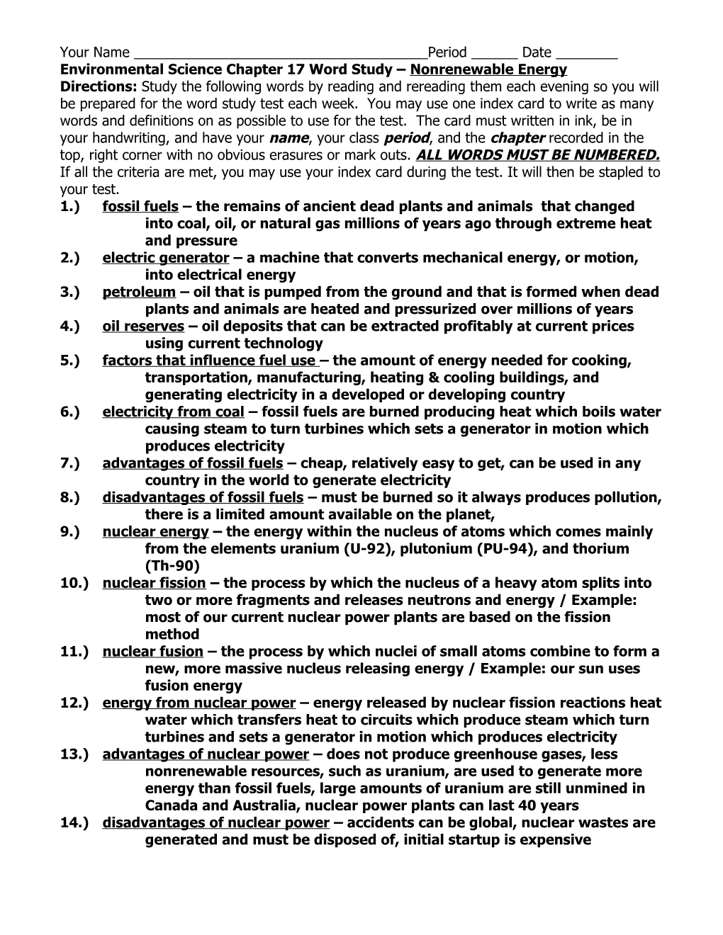 Chapter 17 E S Word Study Nonrenewable Energy