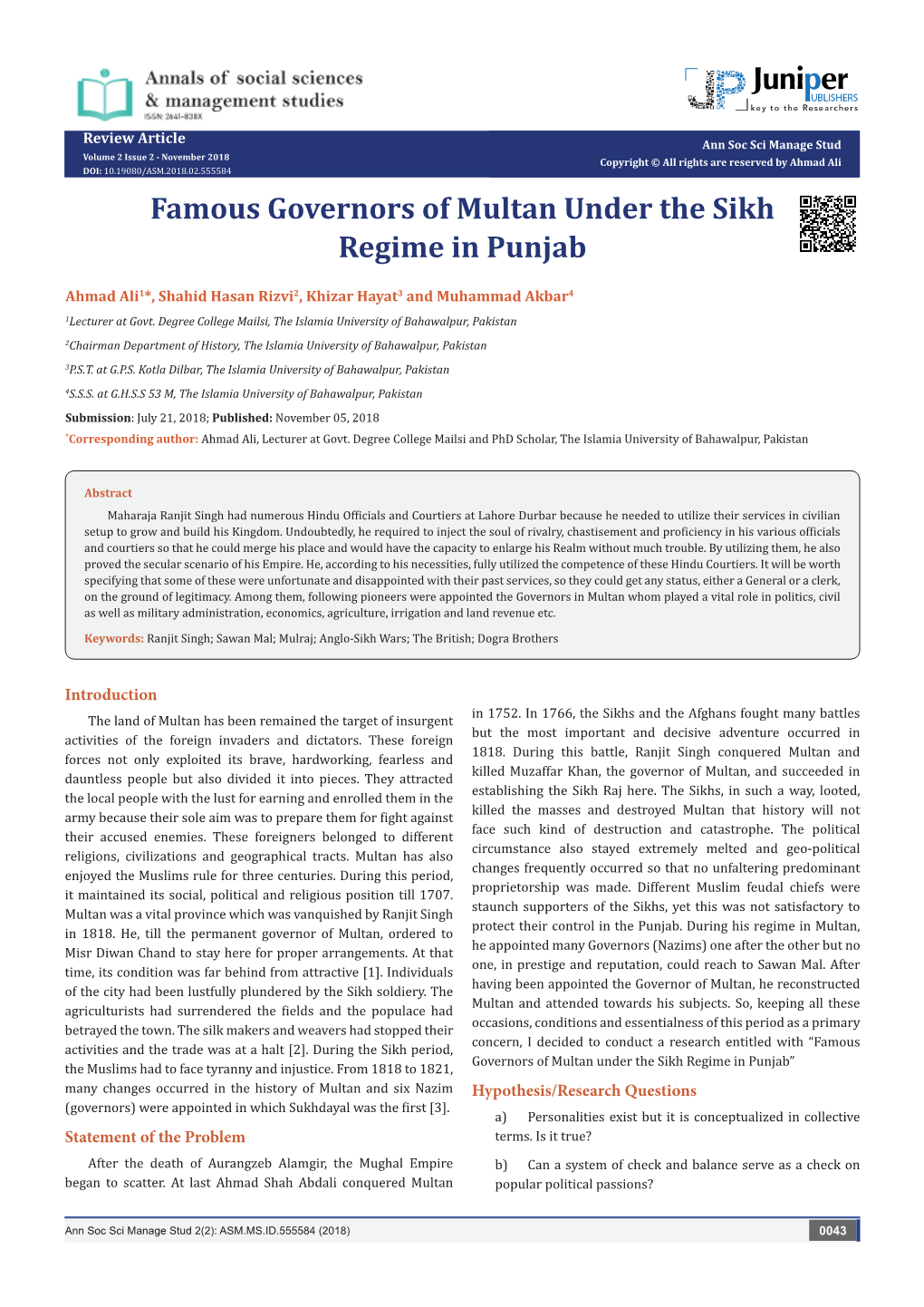 Famous Governors of Multan Under the Sikh Regime in Punjab