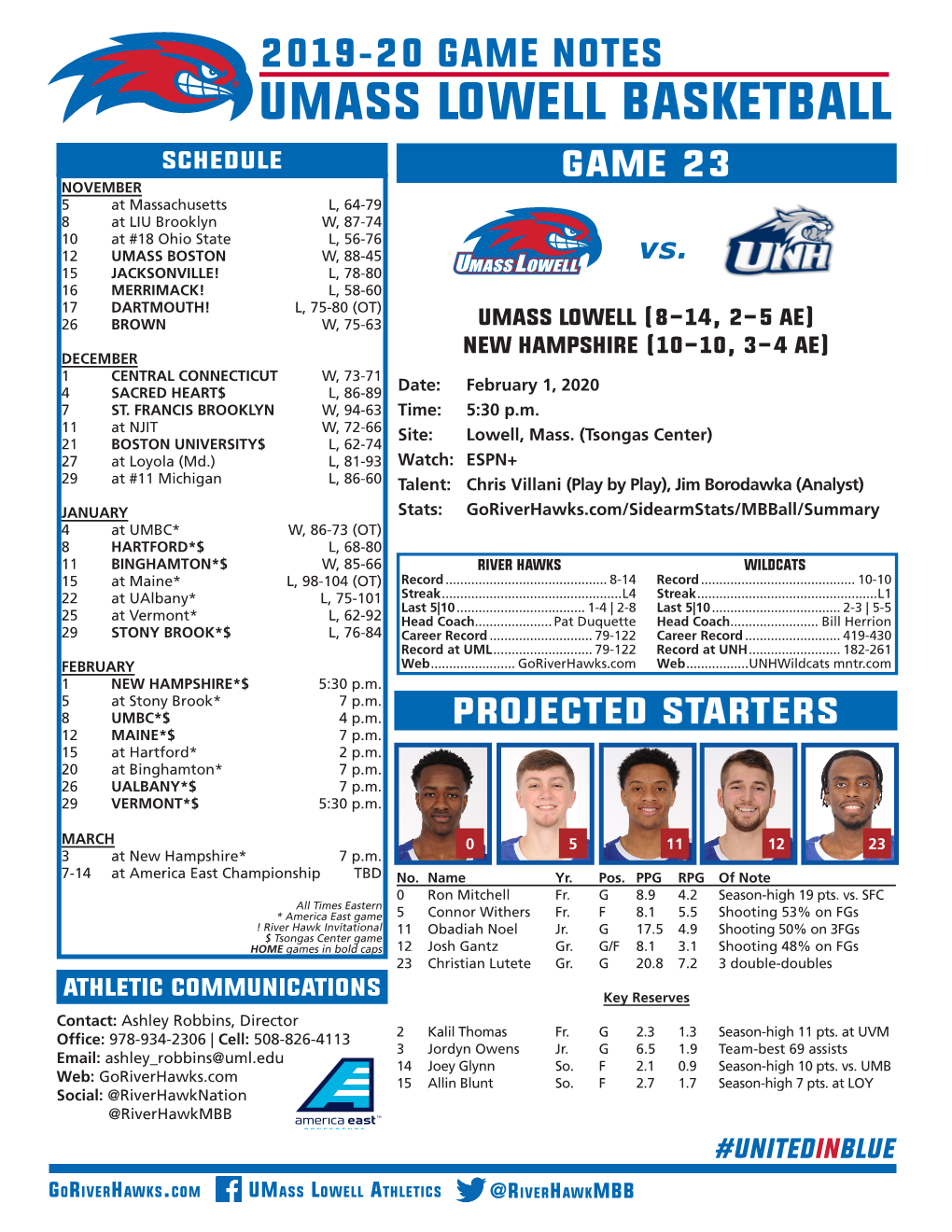 UMASS LOWELL Basketball SCHEDULE Game 23 NOVEMBER 5 at Massachusetts L, 64-79 8 at LIU Brooklyn W, 87-74 10 at #18 Ohio State L, 56-76 12 UMASS BOSTON W, 88-45 Vs