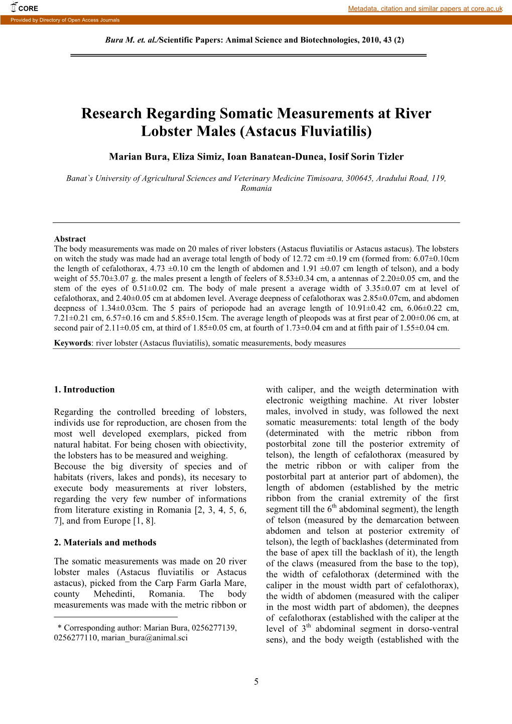 Research Regarding Somatic Measurements at River Lobster Males (Astacus Fluviatilis)