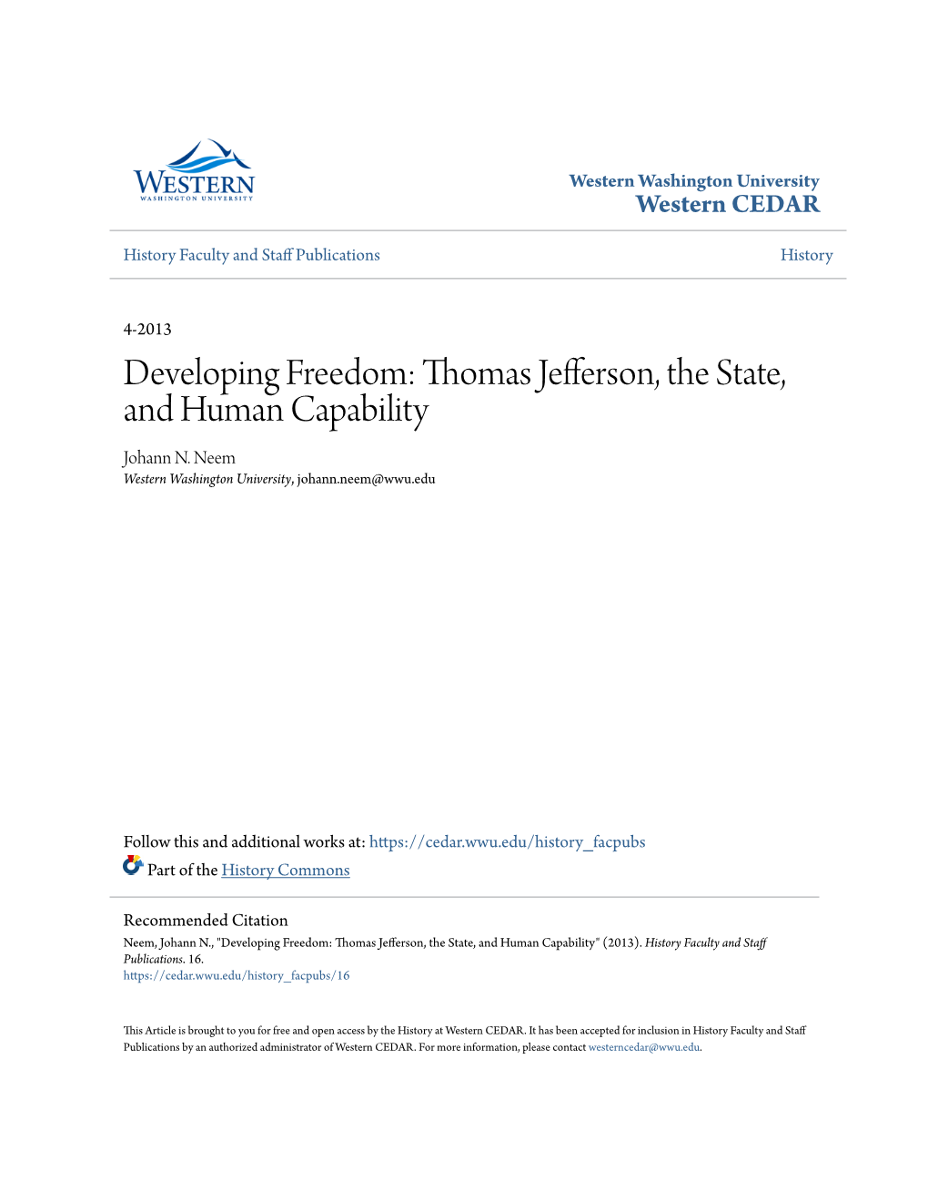 Developing Freedom: Thomas Jefferson, the State, and Human Capability Johann N