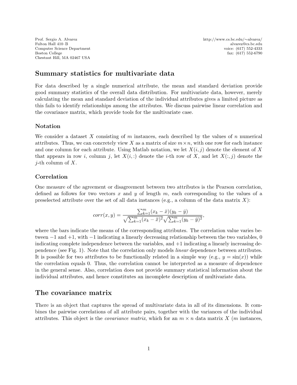 Summary Statistics for Multivariate Data the Covariance Matrix