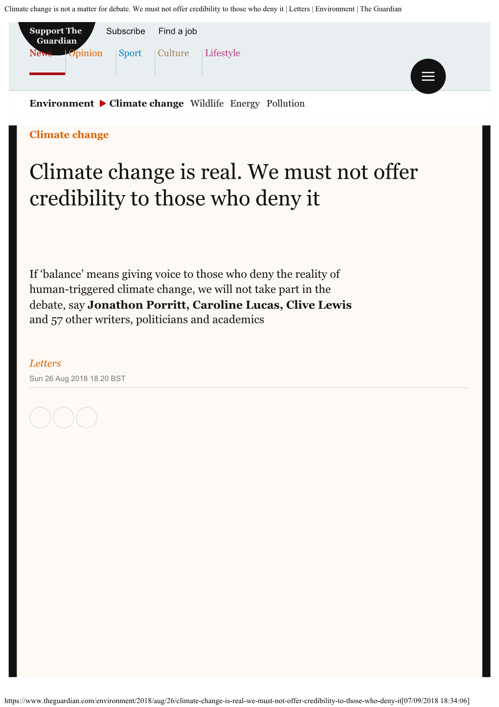 Climate Change Is Not a Matter for Debate. We Must Not Offer Credibility to Those Who Deny It | Letters | Environment | the Guardian