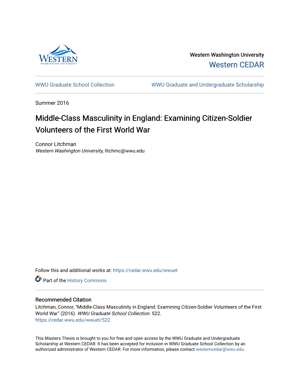 Middle-Class Masculinity in England: Examining Citizen-Soldier Volunteers of the First World War