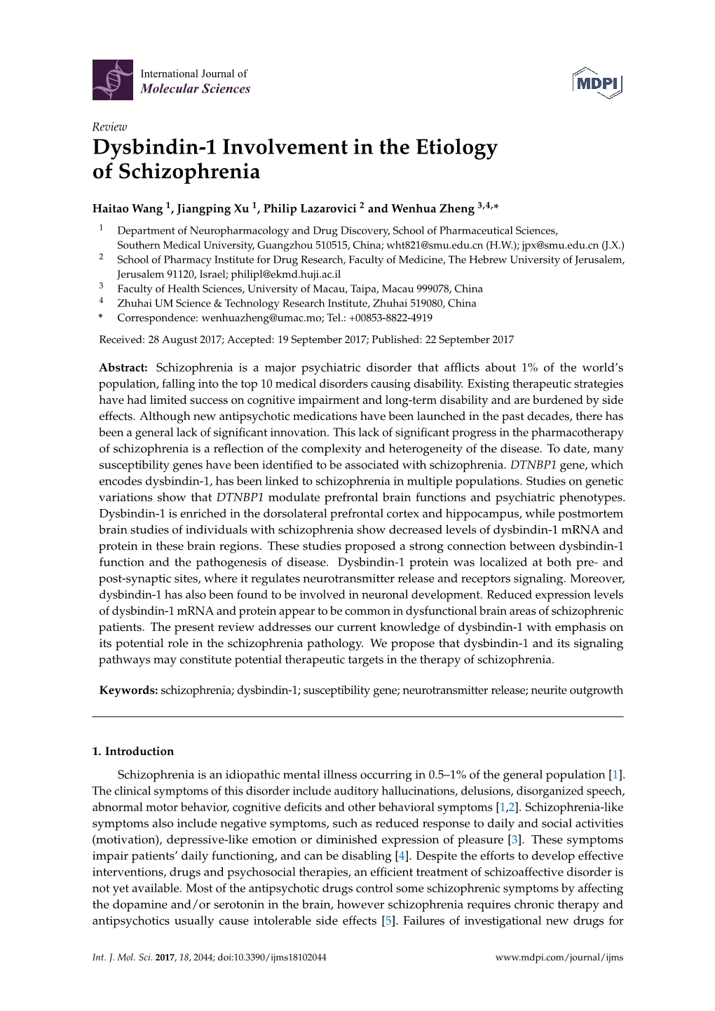 Dysbindin-1 Involvement in the Etiology of Schizophrenia