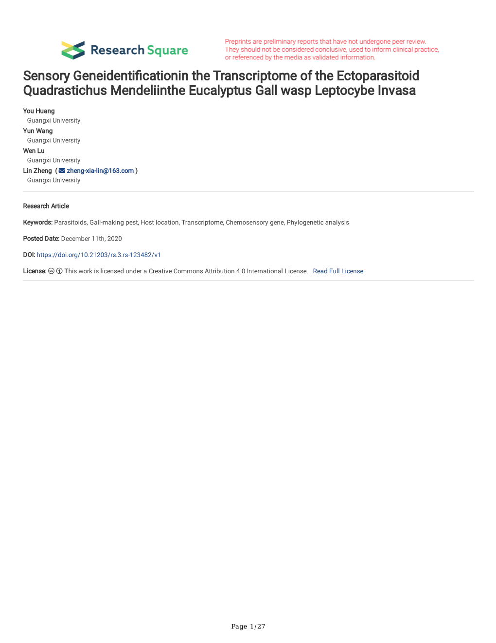 Sensory Geneidenti Cationin the Transcriptome of the Ectoparasitoid Quadrastichus Mendeliinthe Eucalyptus Gall Wasp Leptocybe In