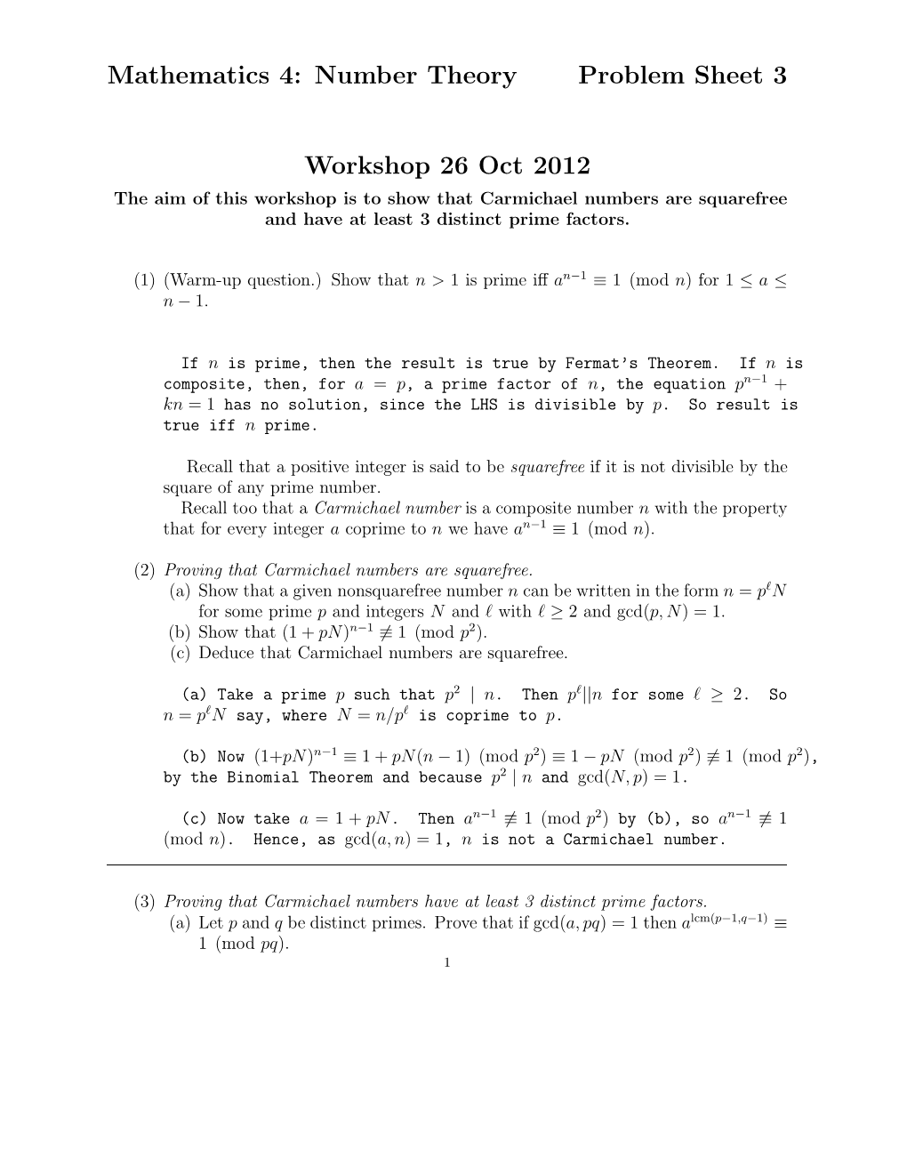 Mathematics 4: Number Theory Problem Sheet 3 Workshop 26 Oct