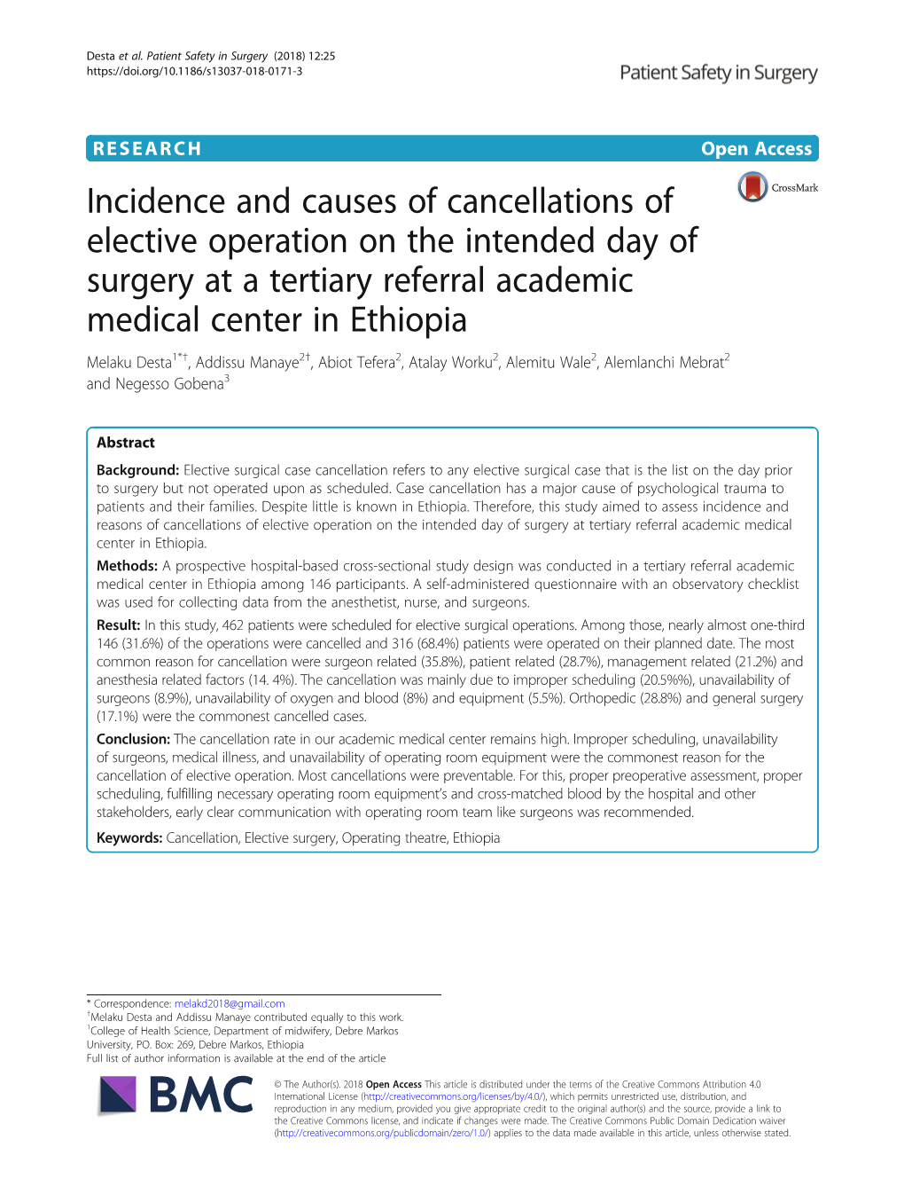 Incidence and Causes of Cancellations of Elective Operation on the Intended Day of Surgery at a Tertiary Referral Academic Medic