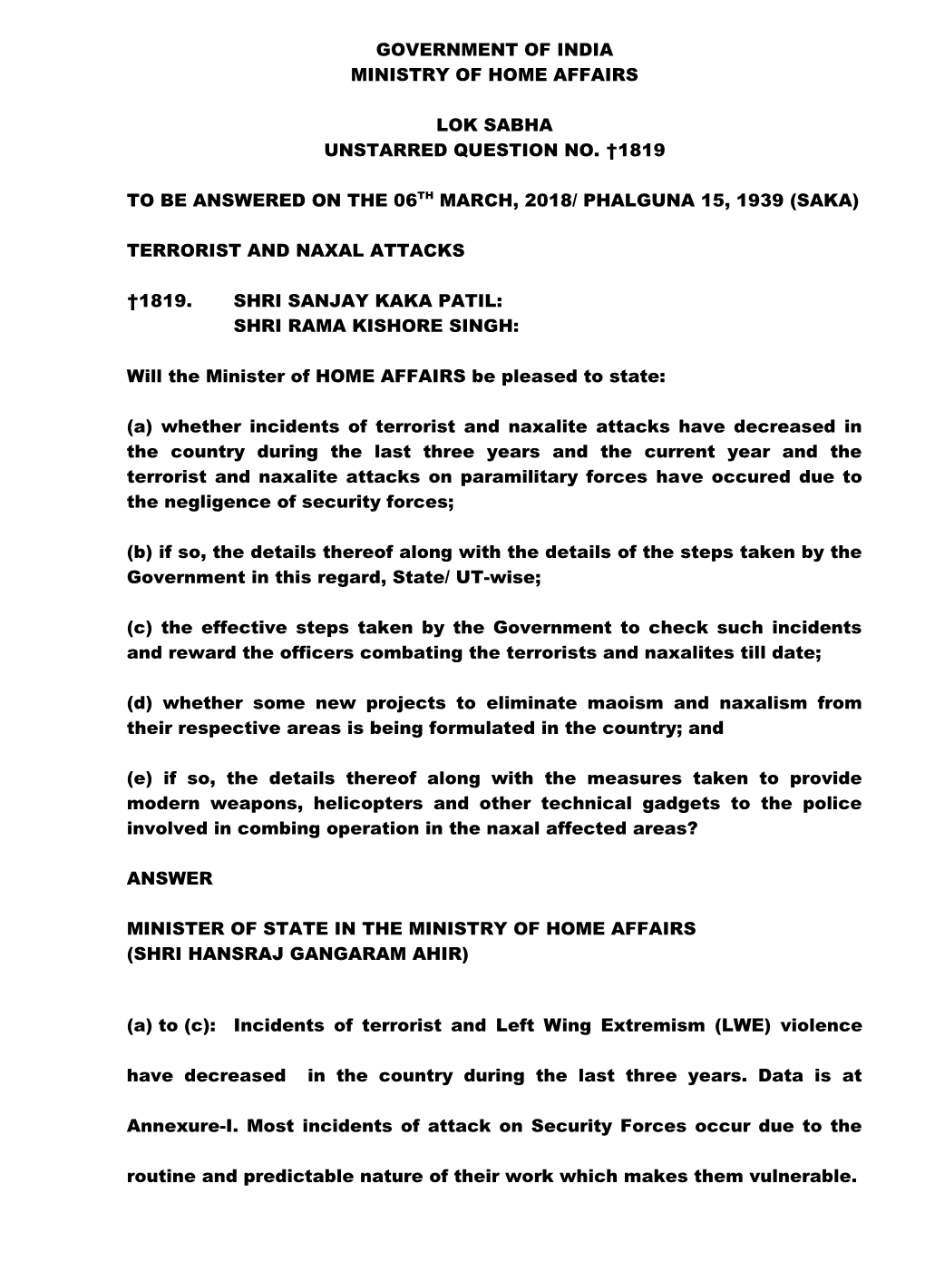 Government of India Ministry of Home Affairs Lok Sabha Unstarred Question No. †1819 to Be Answered on the 06Th March, 2018/ Ph