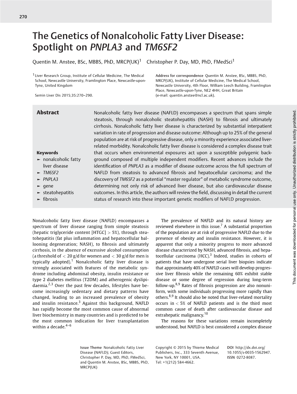 The Genetics of Nonalcoholic Fatty Liver Disease: Spotlight on PNPLA3 and TM6SF2