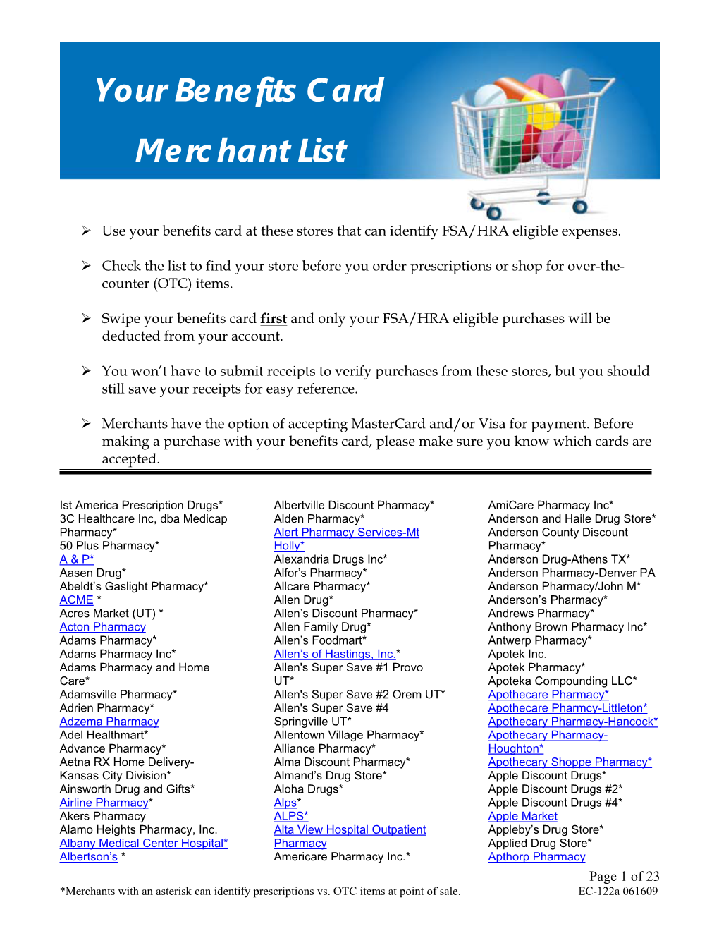 Your Benefits Card Merchant List