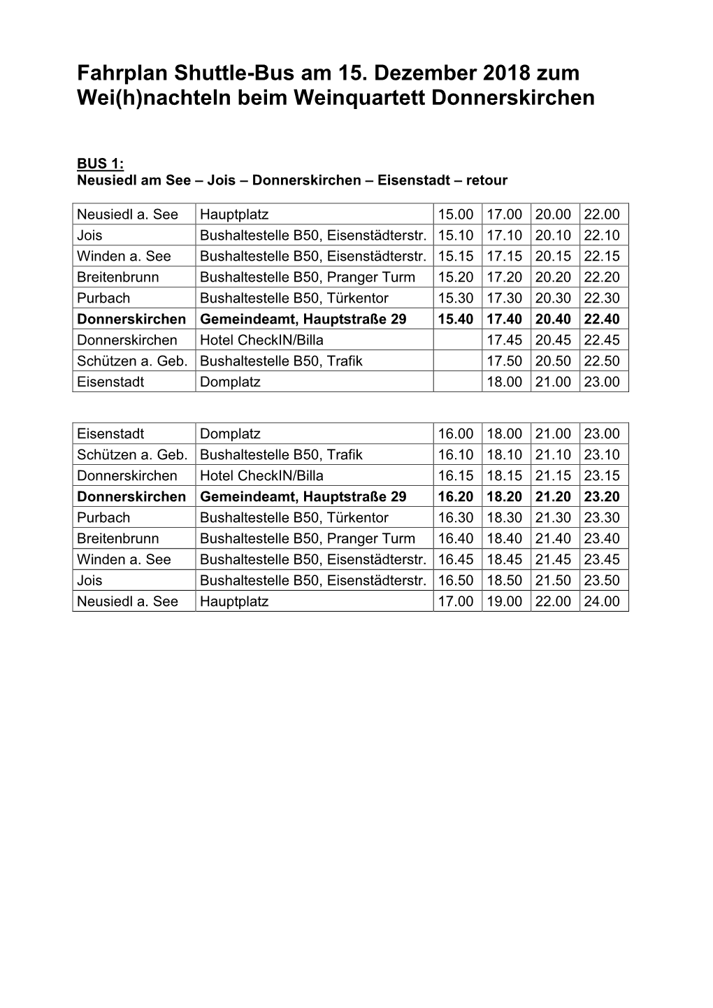 Fahrplan Shuttle-Bus Am 15. Dezember 2018 Zum Wei(H)Nachteln Beim Weinquartett Donnerskirchen