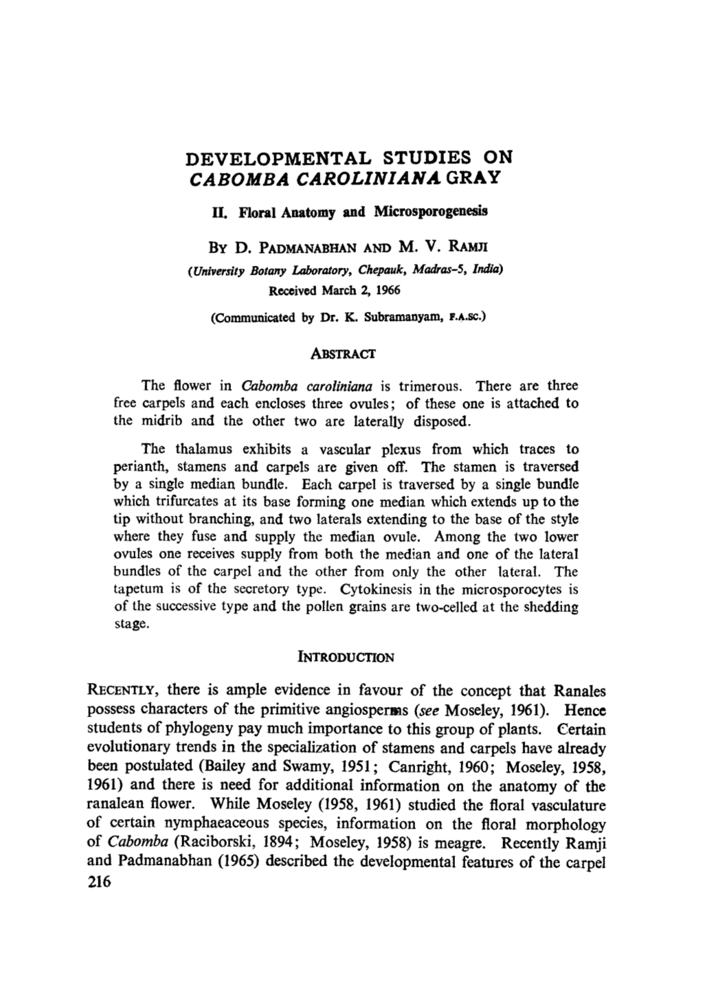 Developmental Studies on &lt;Emphasis Type="Italic"&gt;Cabomba Caroliniana