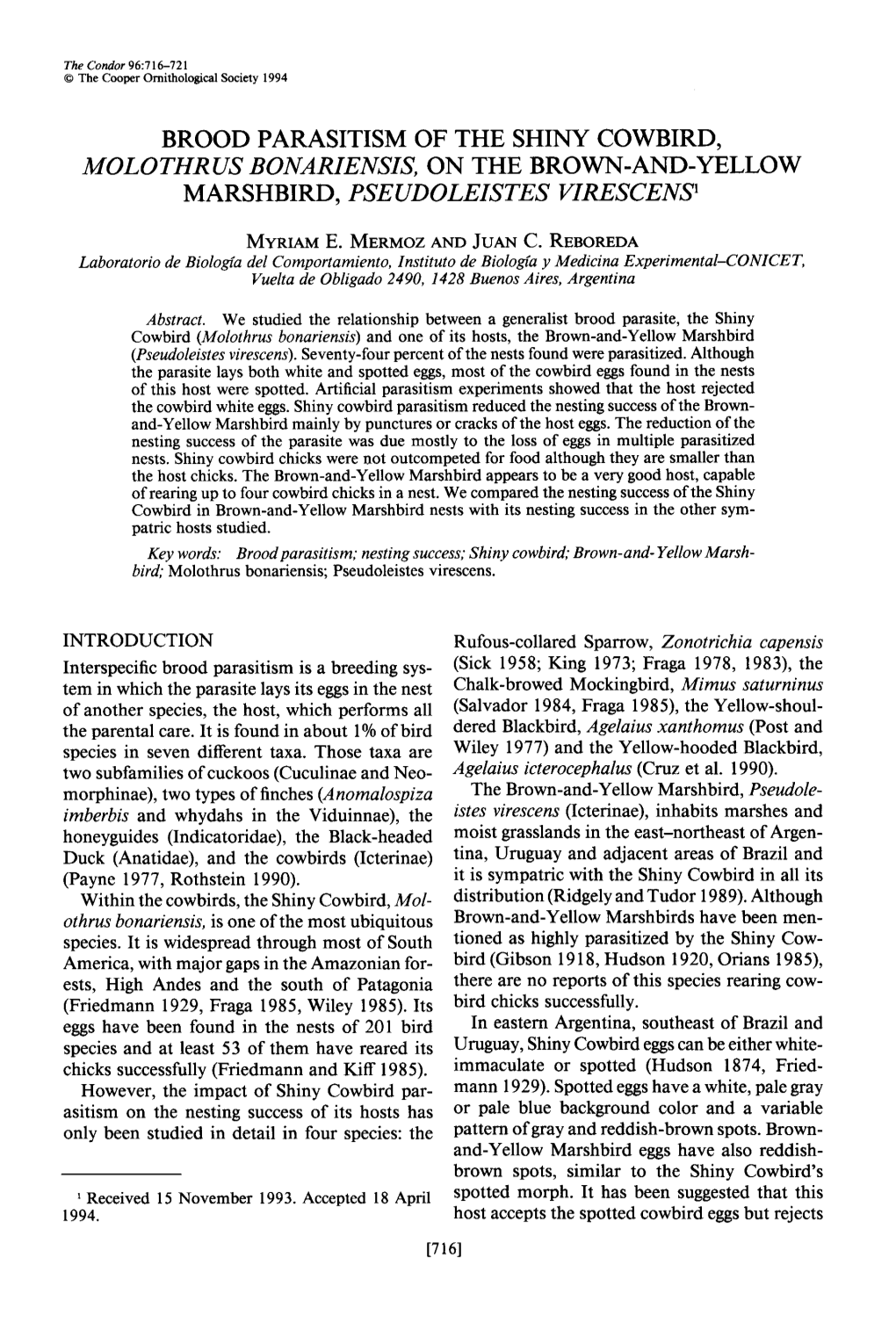 Brood Parasitism of the Shiny Cowbird, Molothrus Bonariensis, on the Brown-And-Yellow Marshbird, Pseudoleistes Virescens