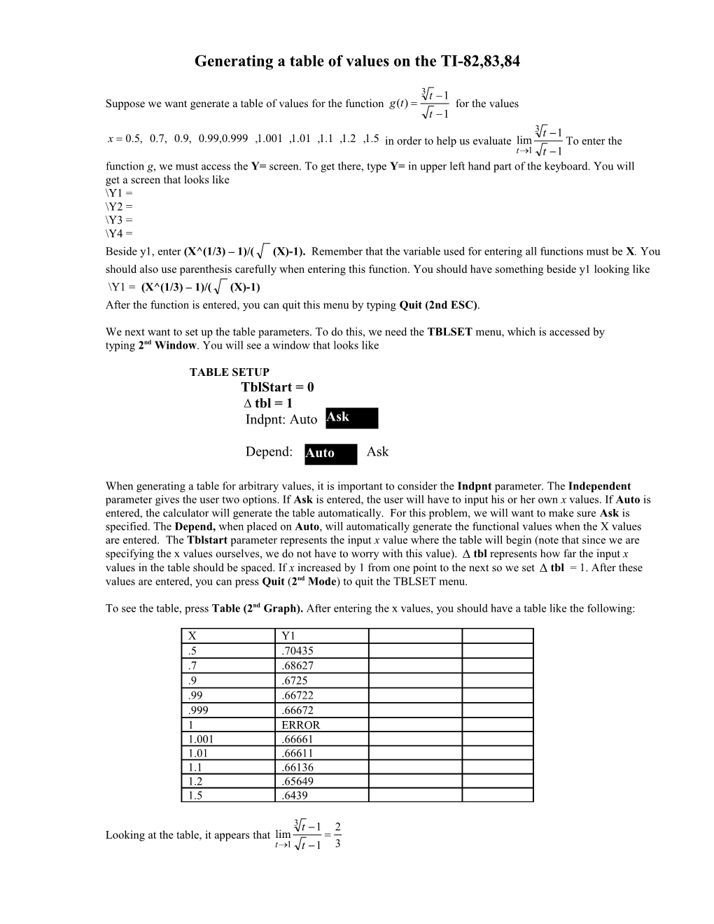 Generating a Table of Values on the TI-82,83,84