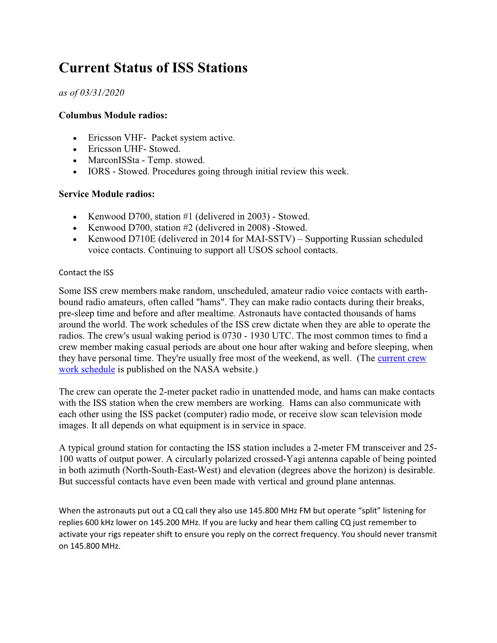 Current Status of ISS Stations As of 03/31/2020