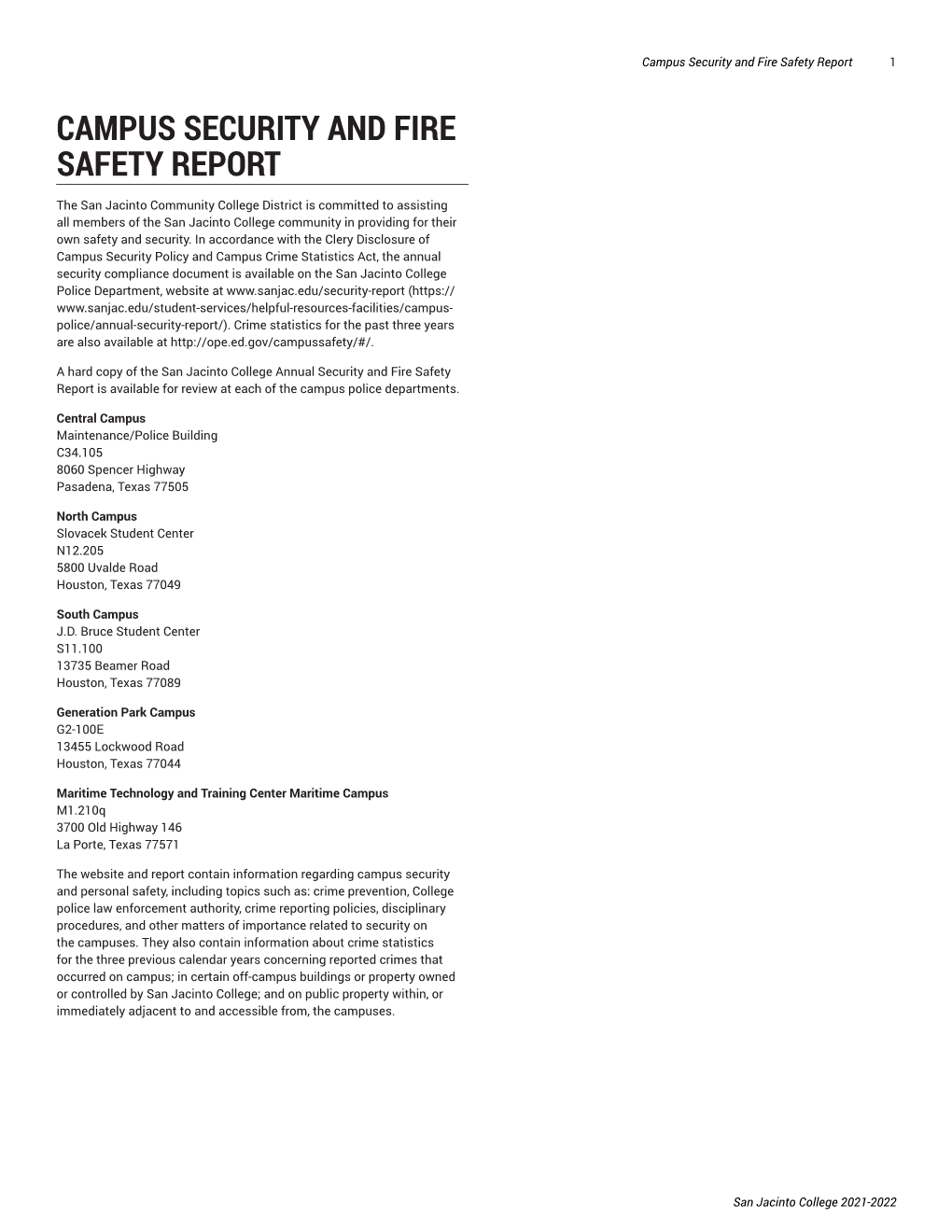 Campus Security and Fire Safety Report 1