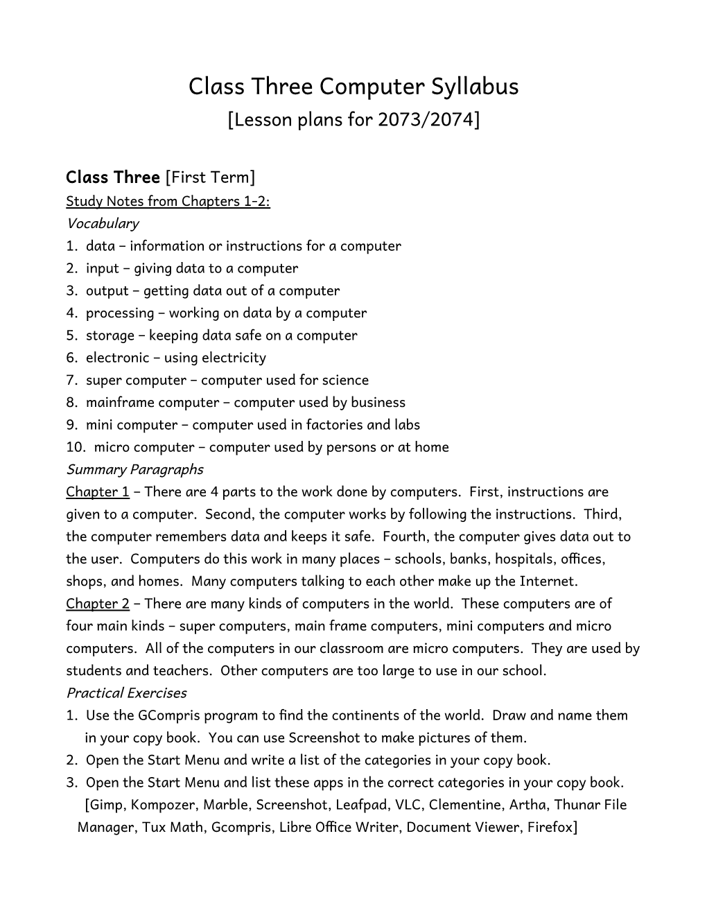 Class Three Computer Syllabus [Lesson Plans for 2073/2074]
