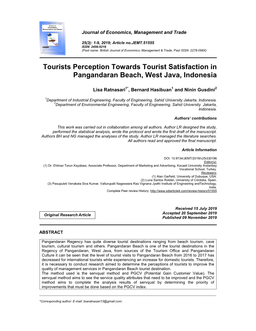 Tourists Perception Towards Tourist Satisfaction in Pangandaran Beach, West Java, Indonesia