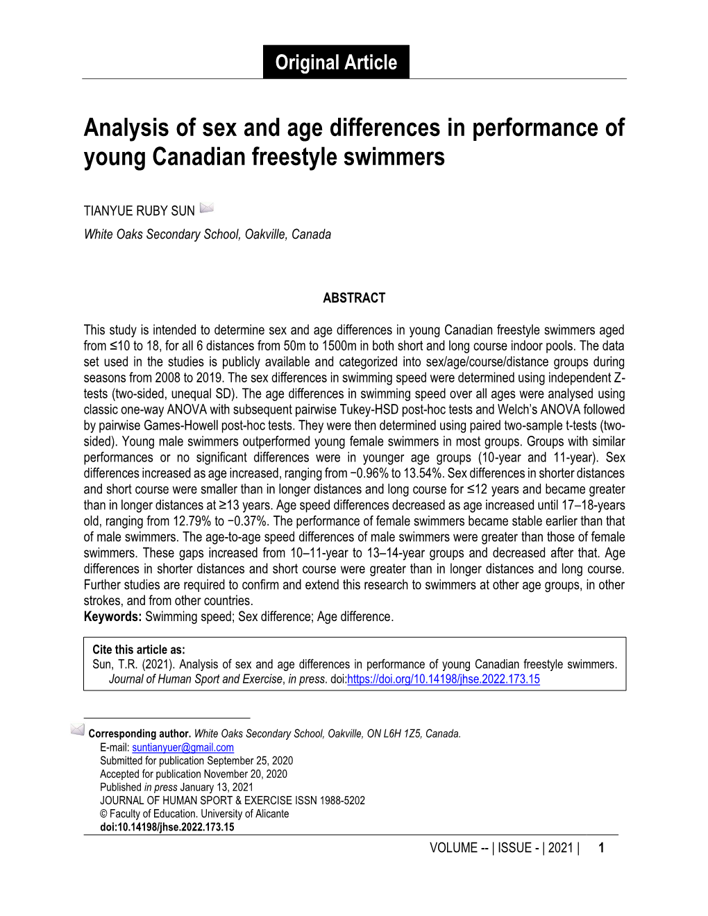 Analysis of Sex and Age Differences in Performance of Young Canadian Freestyle Swimmers