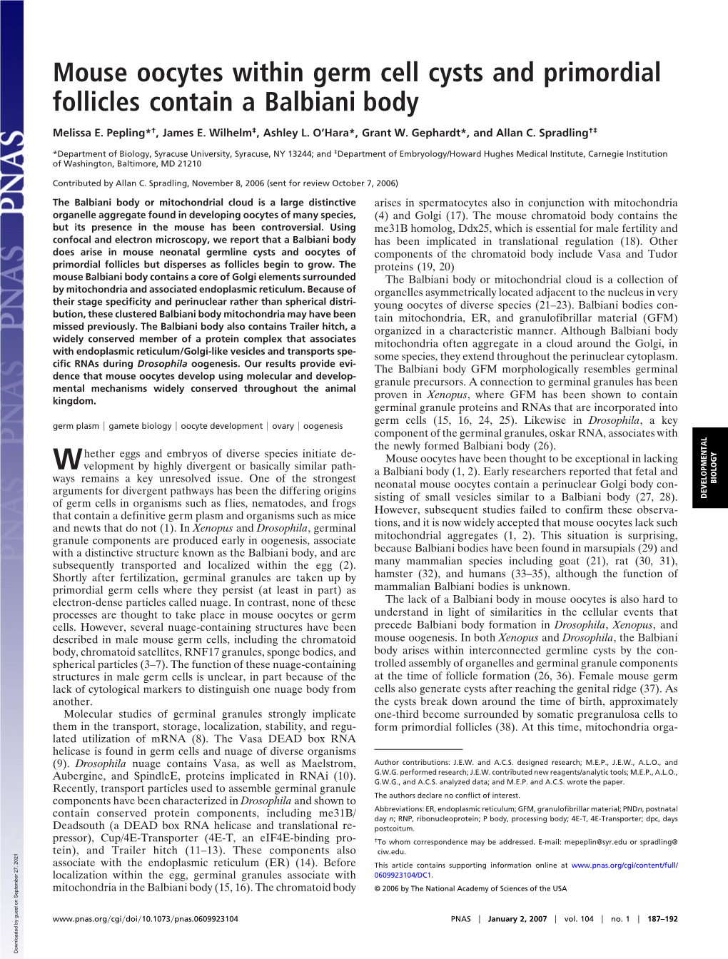 Mouse Oocytes Within Germ Cell Cysts and Primordial Follicles Contain a Balbiani Body