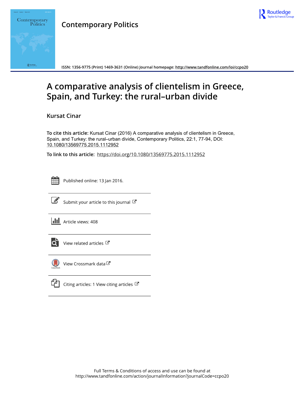 A Comparative Analysis of Clientelism in Greece, Spain, and Turkey: the Rural–Urban Divide