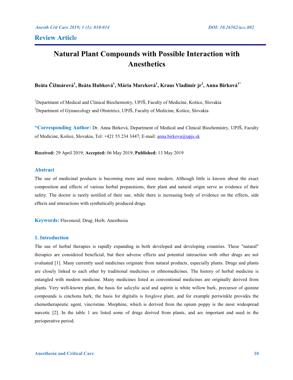 Natural Plant Compounds with Possible Interaction with Anesthetics