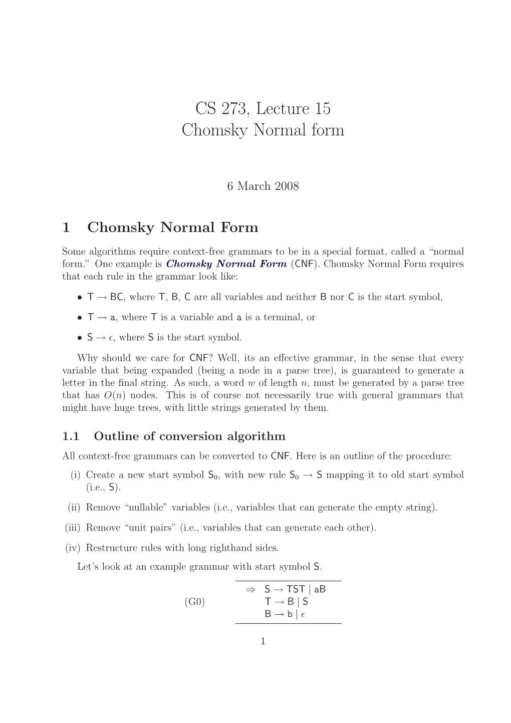 CS 273, Lecture 15 Chomsky Normal Form