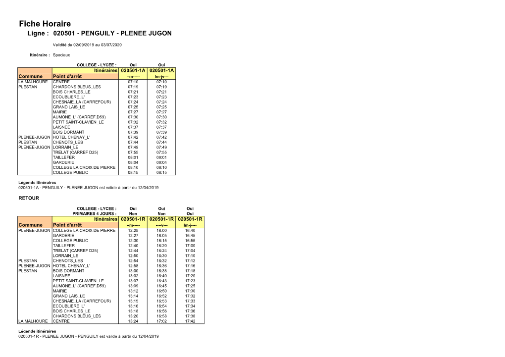 Fiche Horaire Ligne : 020501 - PENGUILY - PLENEE JUGON