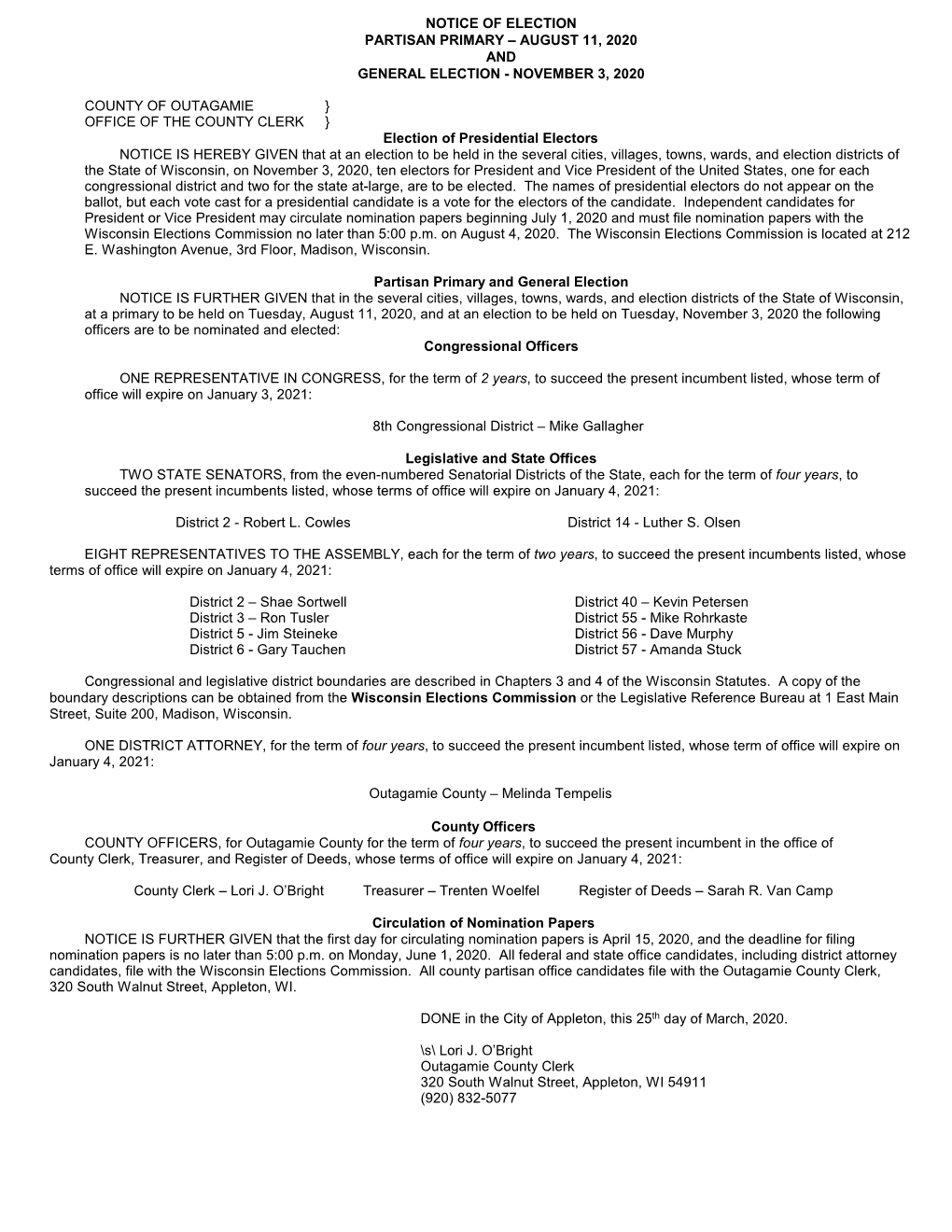 Offices to Be Elected at 1999 Spring Election