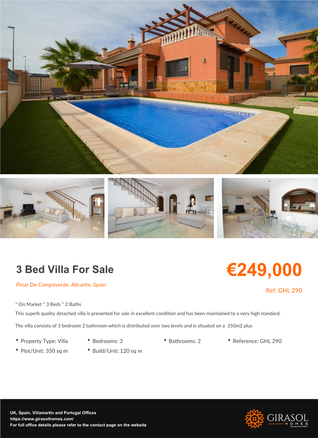 3 Bed Villa for Sale €249,000 Pinar De Campoverde, Alicante, Spain Ref: GHL 290