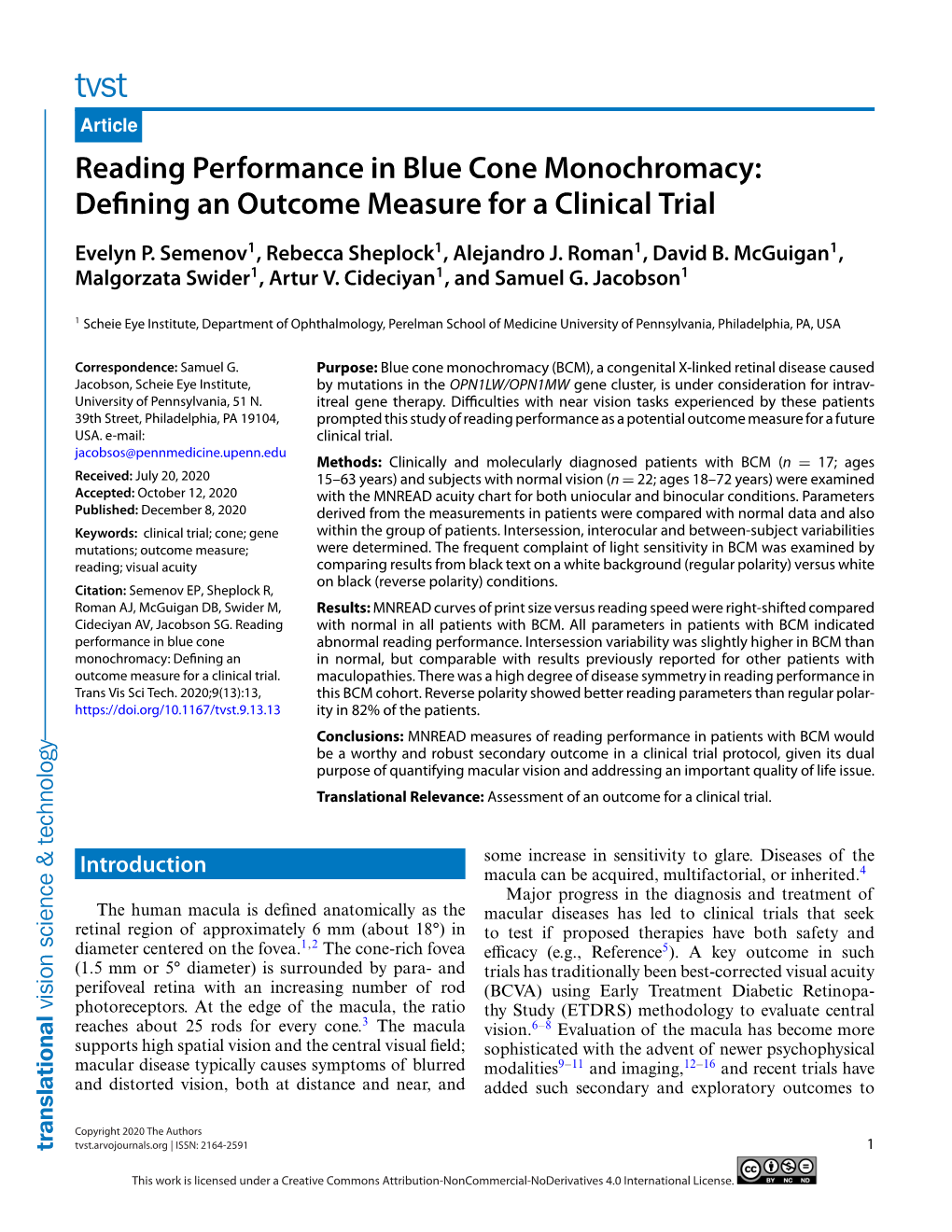 Reading Performance in Blue Cone Monochromacy: Defining an Outcome Measure for a Clinical Trial