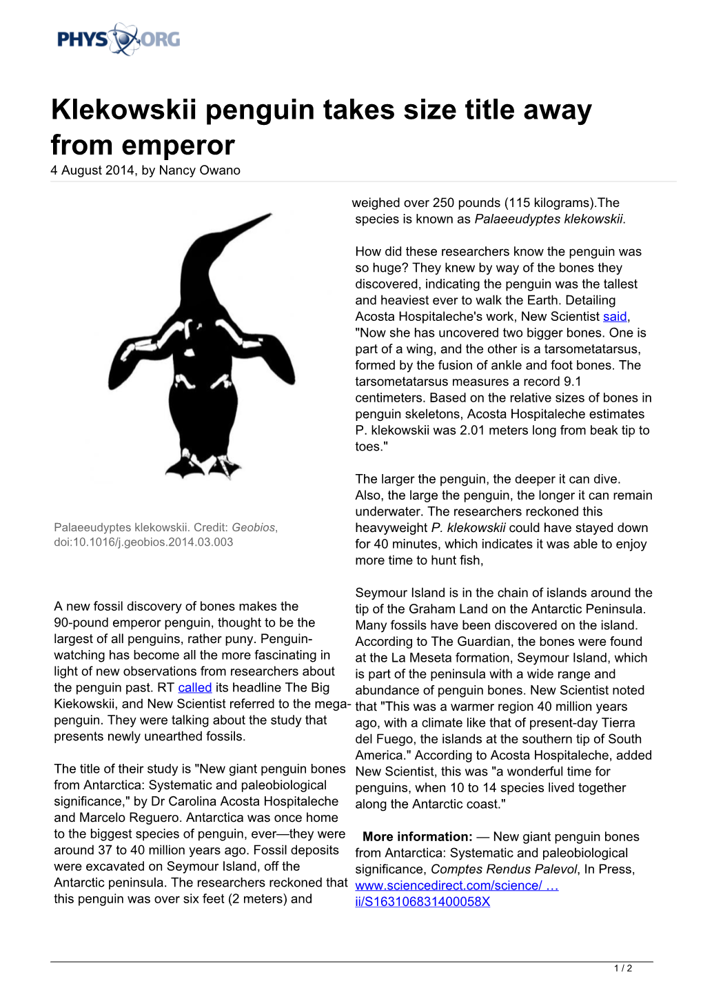 Klekowskii Penguin Takes Size Title Away from Emperor 4 August 2014, by Nancy Owano