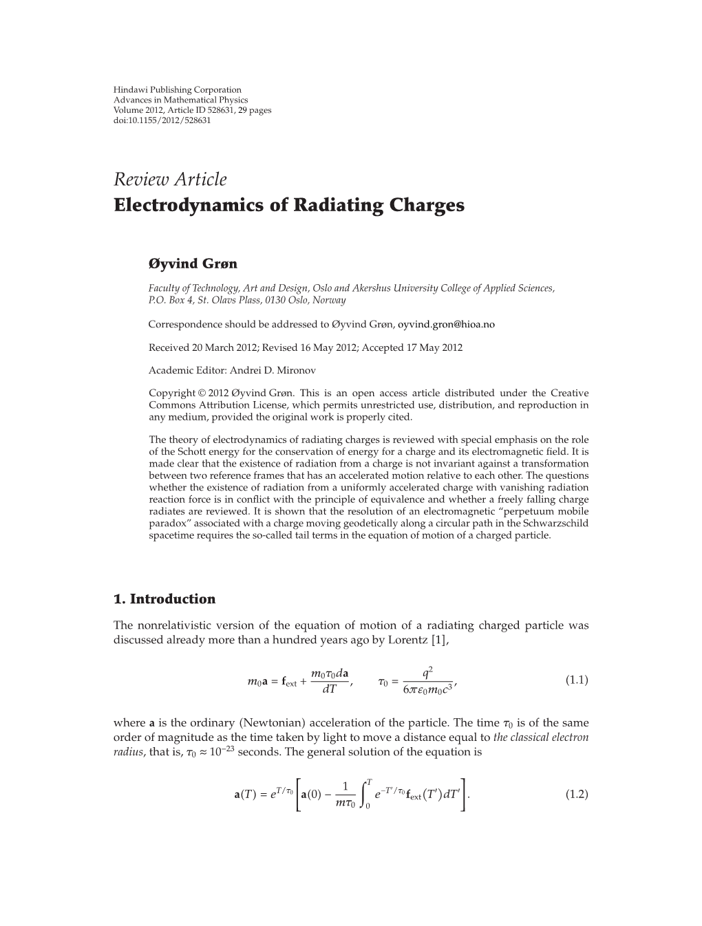 Review Article Electrodynamics of Radiating Charges