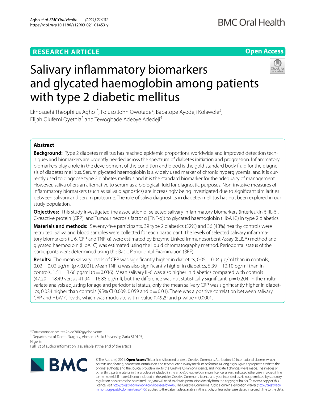 Salivary Inflammatory Biomarkers and Glycated Haemoglobin Among