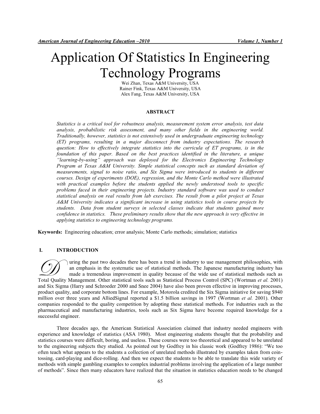 Application of Statistics in Engineering Technology Programs