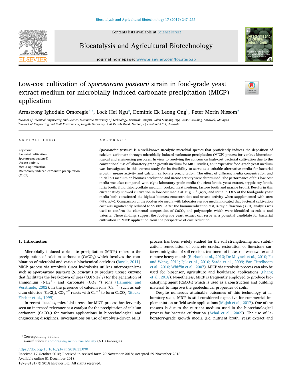 Low-Cost Cultivation of Sporosarcina Pasteurii Strain in Food-Grade Yeast Extract Medium for Microbially Induced Carbonate Preci