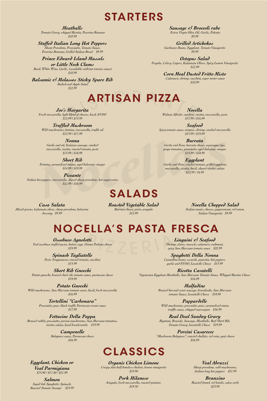 Artisan Pizza Starters Salads Nocella's Pasta Fresca