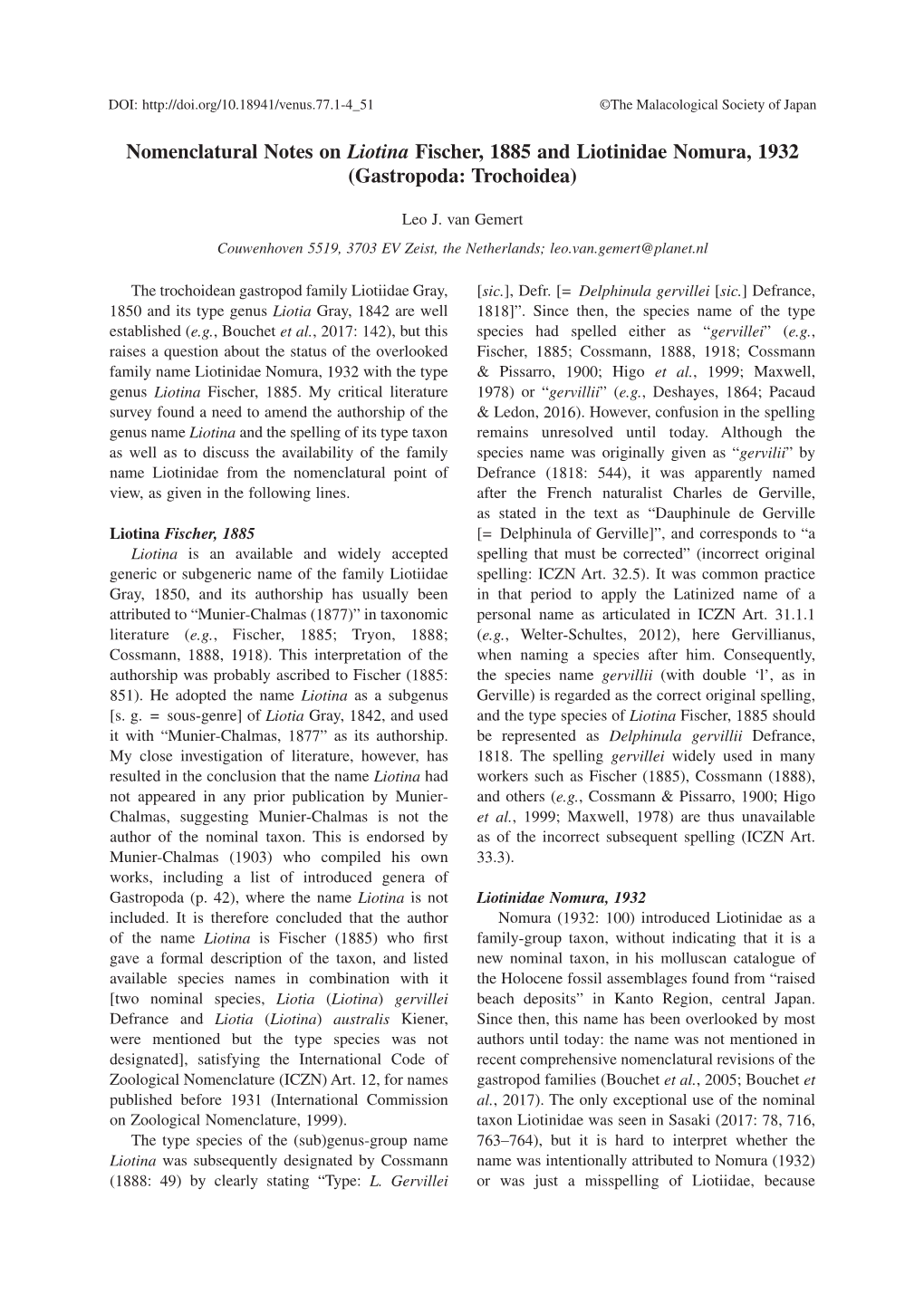 Nomenclatural Notes on Liotina Fischer, 1885 and Liotinidae Nomura, 1932 (Gastropoda: Trochoidea)