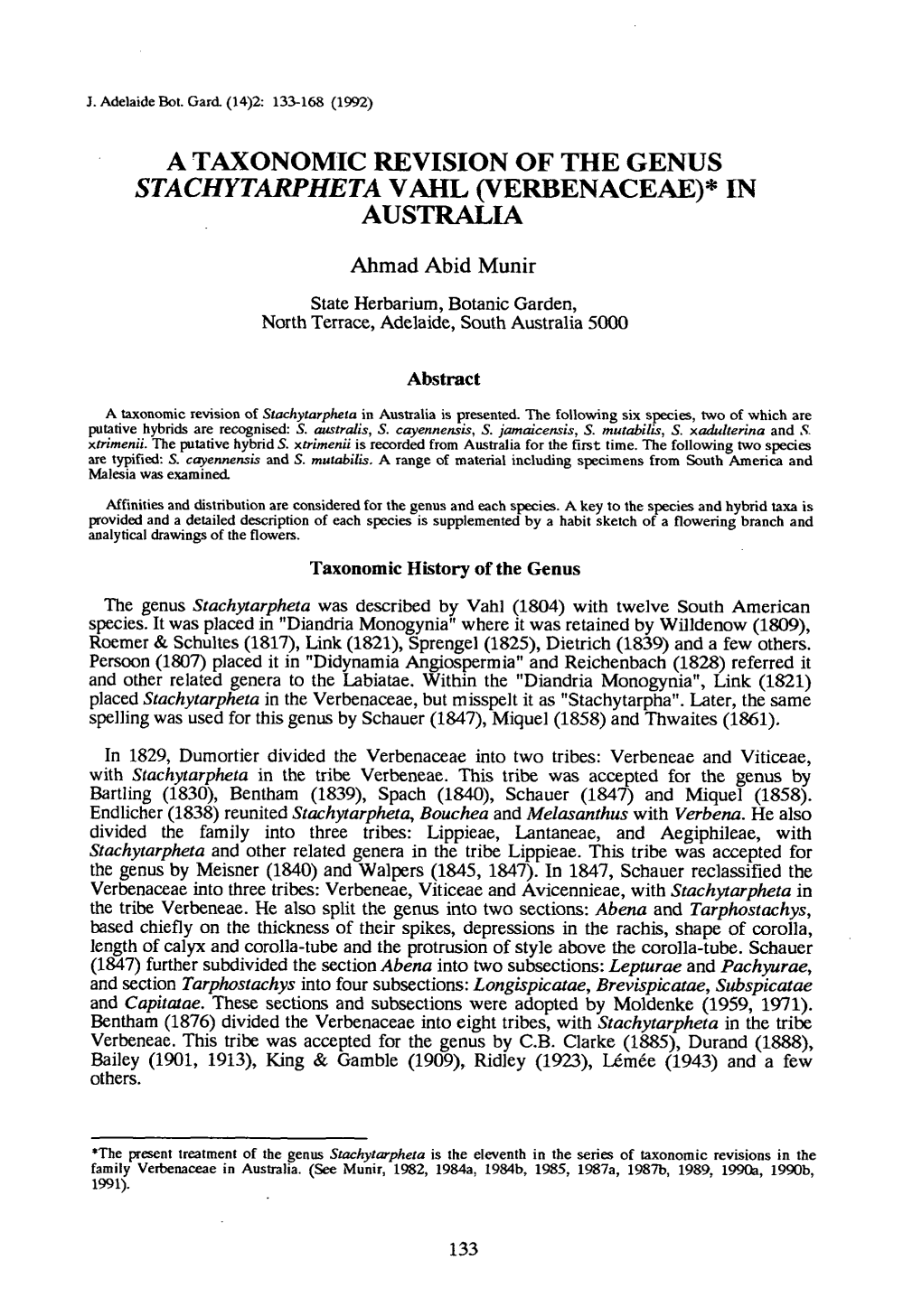 A Taxonomic Revision of the Genus Stachytarpheta Vahl (Verbenaceae)* in Australia