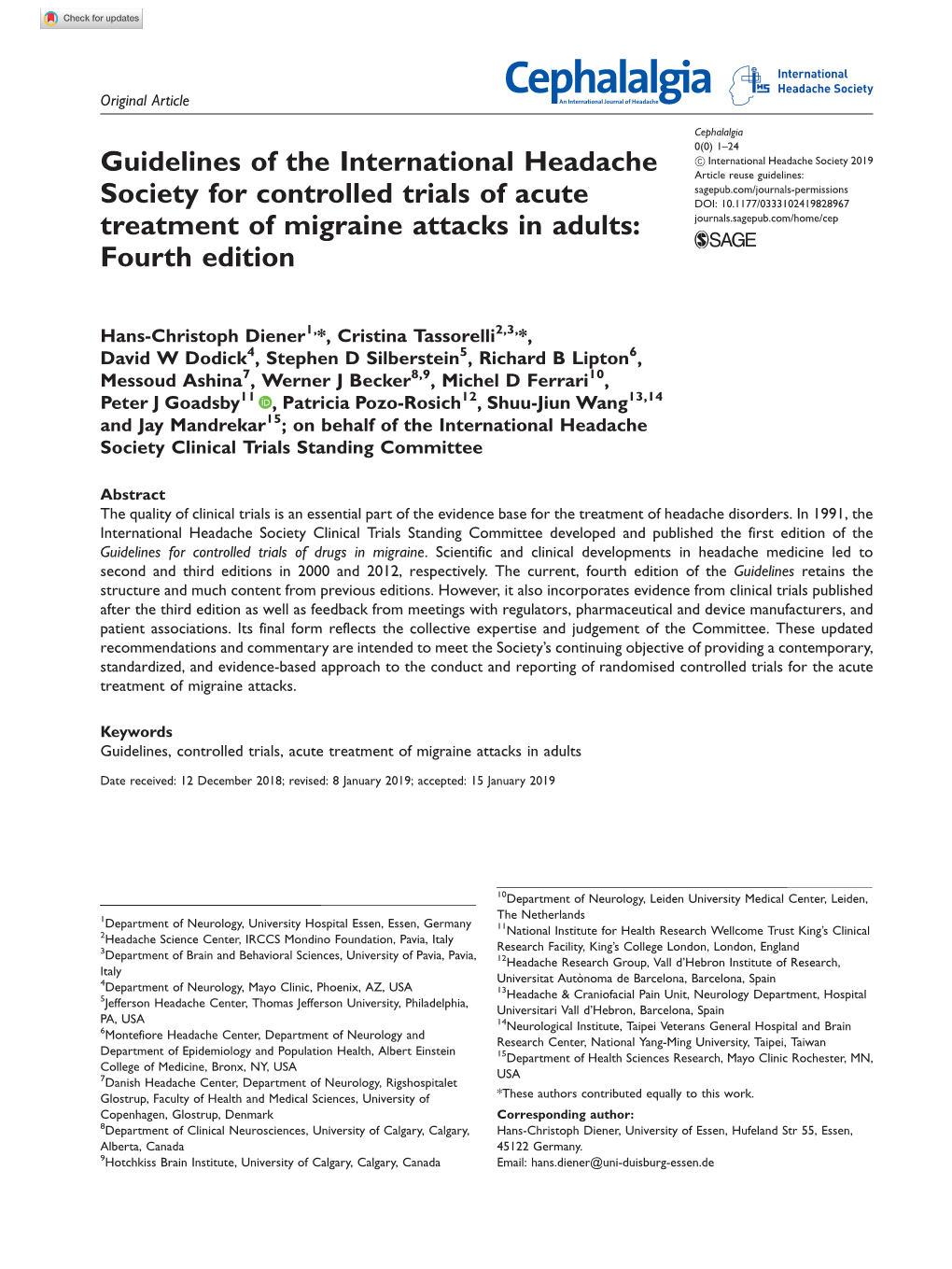 Guidelines of the International Headache Society for Controlled Trials of Acute Treatment of Migraine Attacks in Adults: Fourth