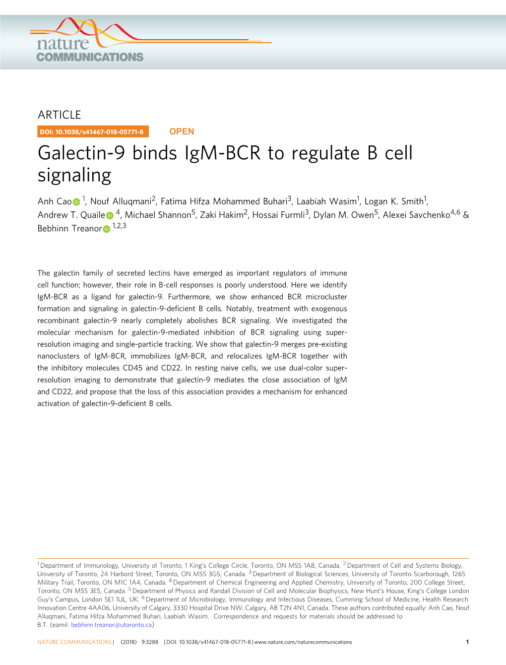 Galectin-9 Binds Igm-BCR to Regulate B Cell Signaling