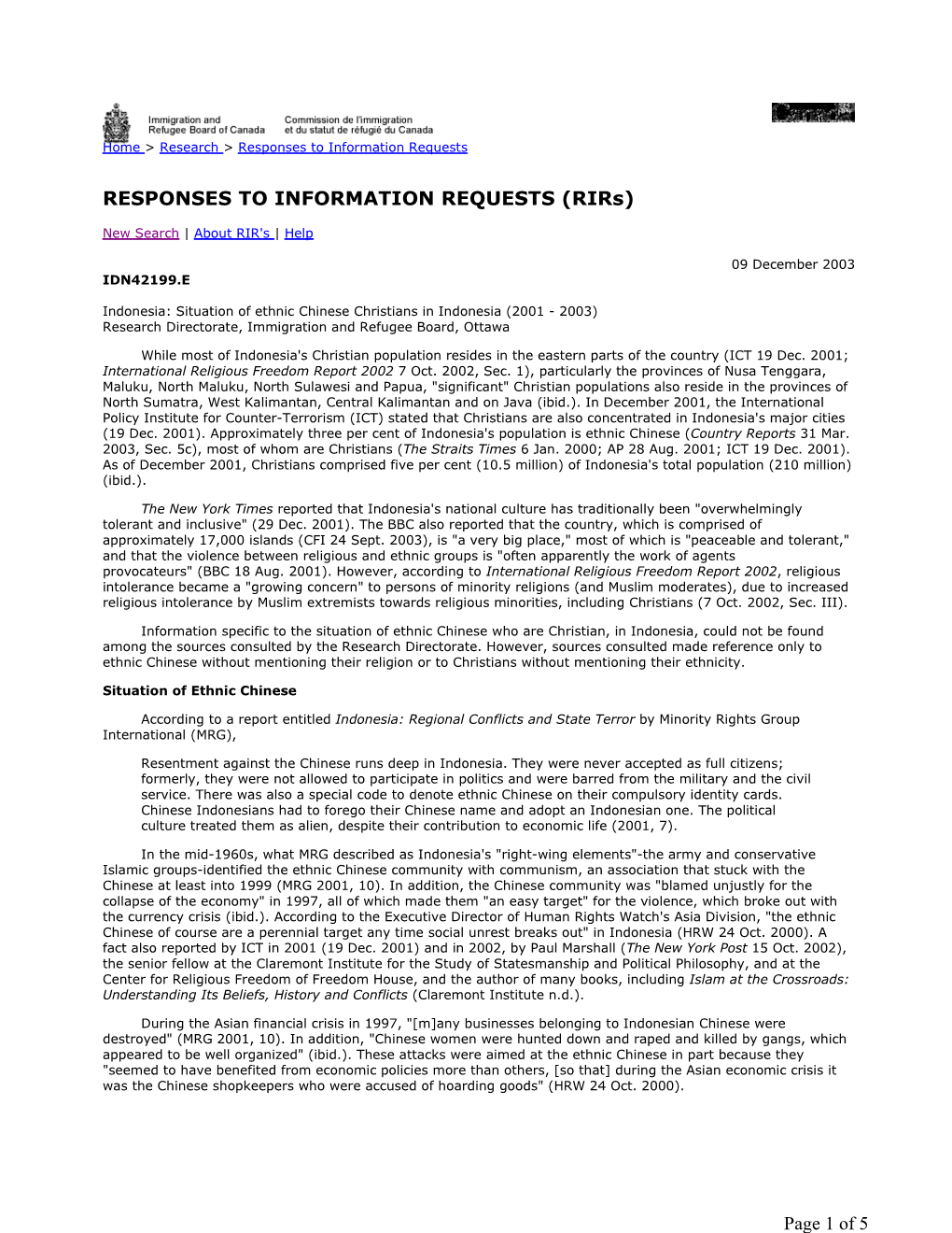 Indonesia: Situation of Ethnic Chinese Christians in Indonesia (2001 - 2003) Research Directorate, Immigration and Refugee Board, Ottawa