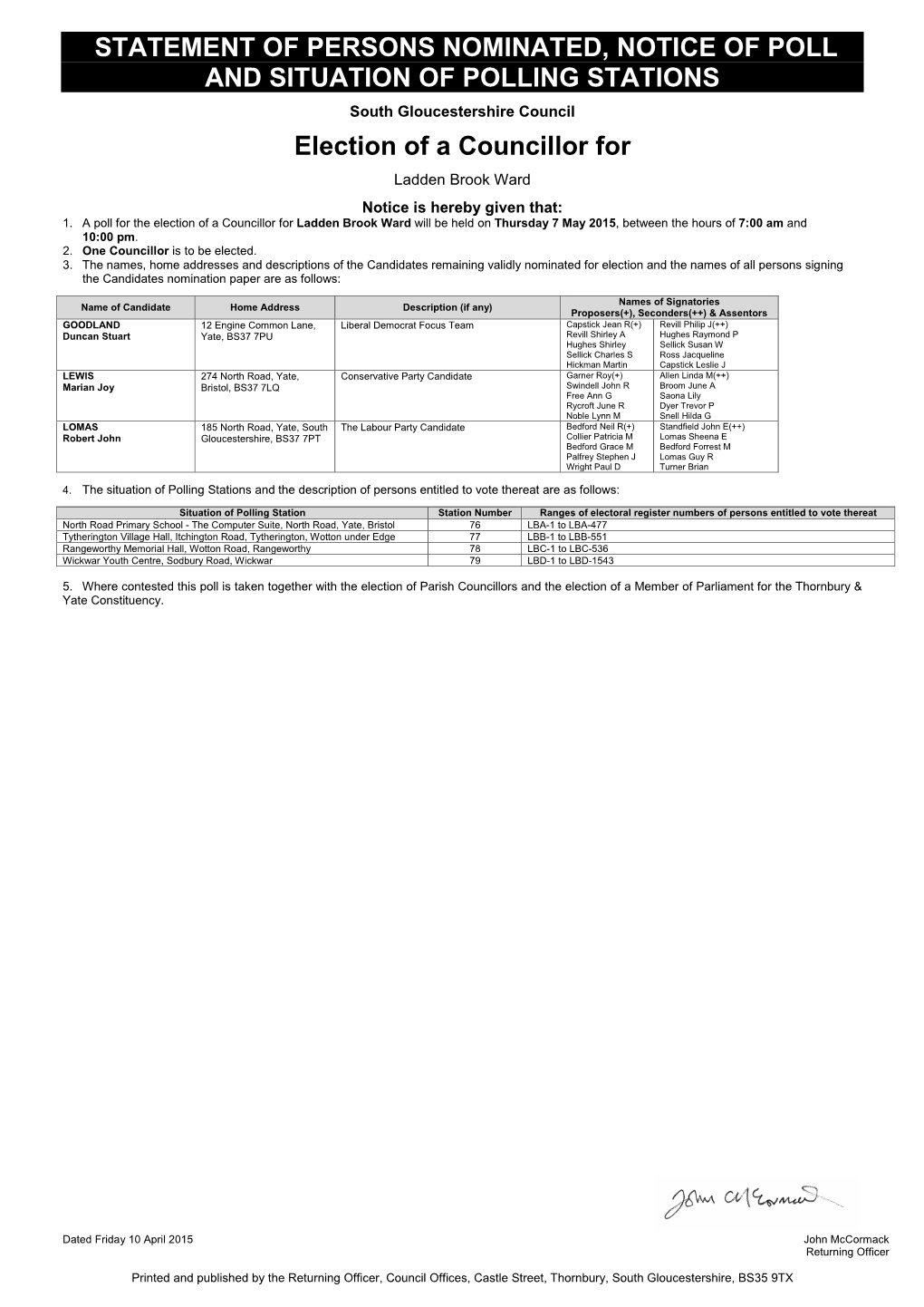 Statement of Persons Nominated, Notice of Poll and Situation of Polling Stations