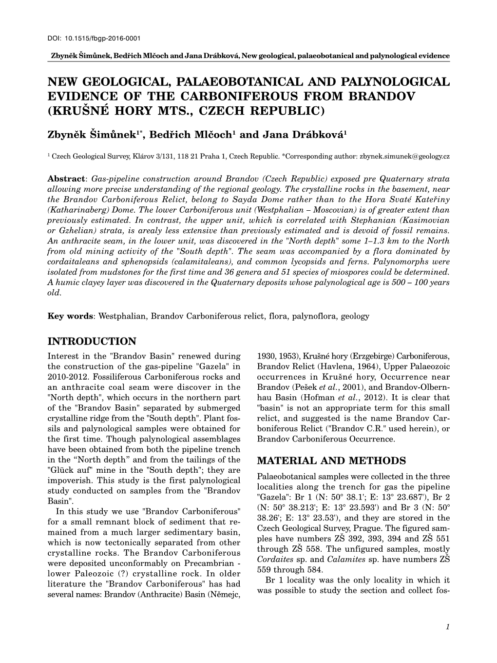 New Geological, Palaeobotanical and Palynological Evidence of the Carboniferous from Brandov (Krušné Hory Mts., Czech Republic)